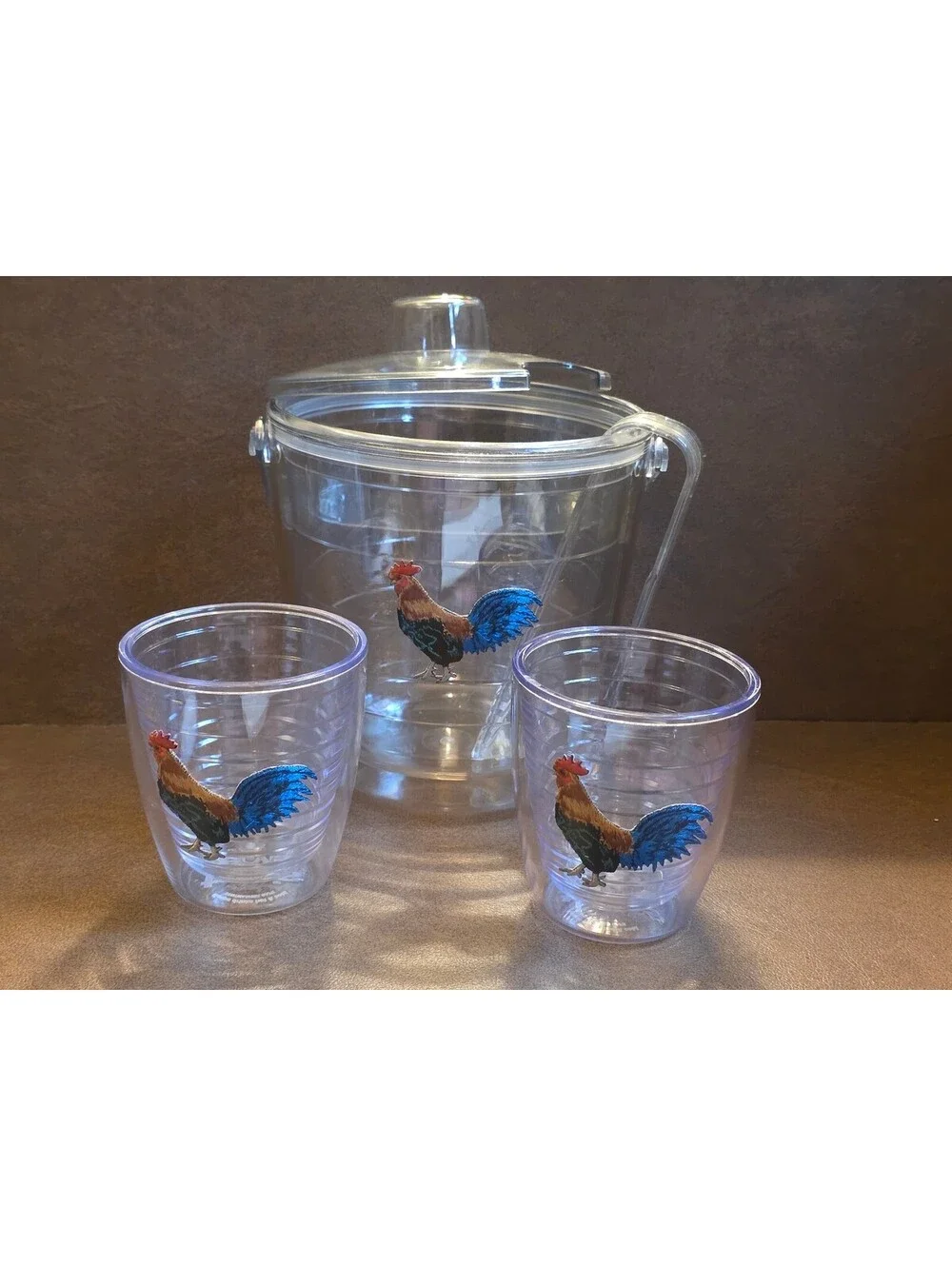 Vintage 1990s Tervis Rooster Insulated Ice Bucket Set with Tongs & 2 Tumblers